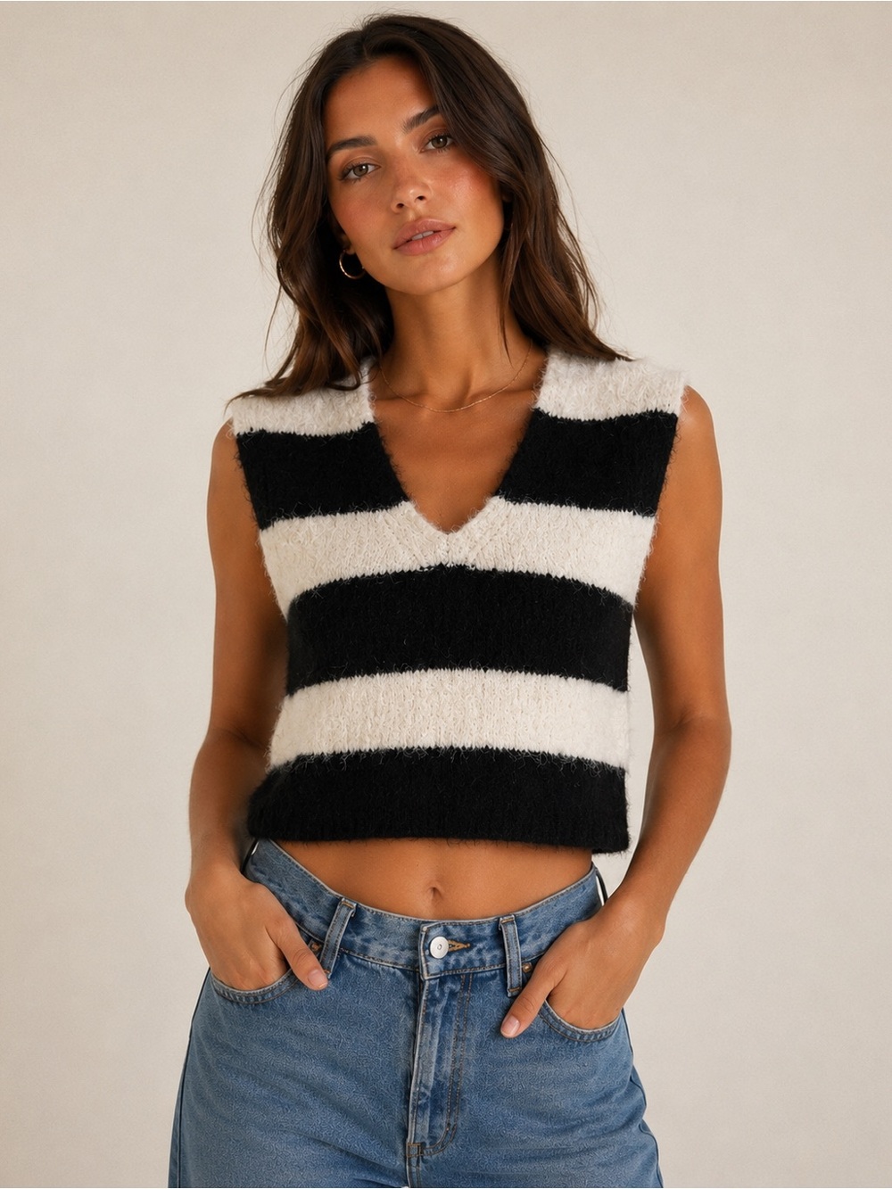 For Love & Lemons Striped Fuzzy V-Neck Cropped Sweater Vest - Black & White